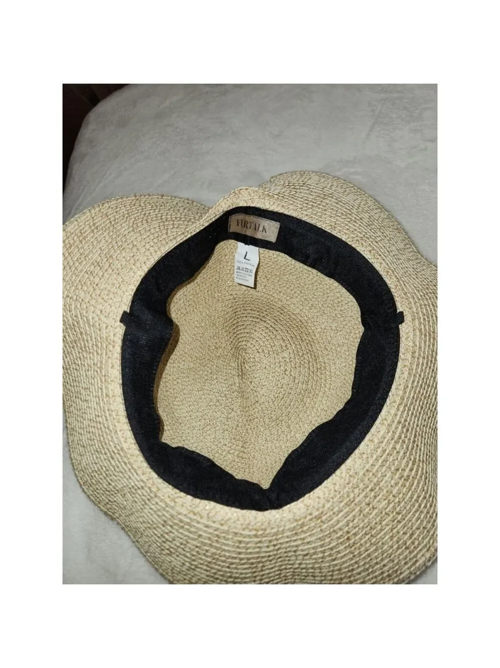 FURTALK Beige Straw Hat Size L Woven Black Ribbon